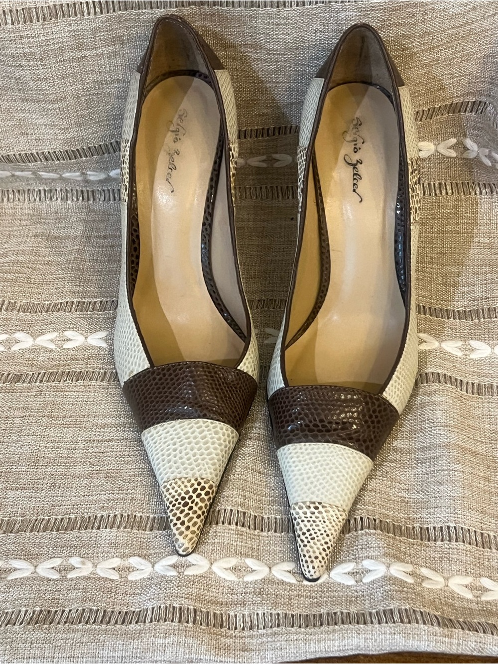 Sergio Zelcer Brown and Cream Pointed Toe Snakeskin Pumps